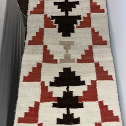 Vintage Southwestern Navajo Style Hand Woven Wool Rug, Geometric Red Brown White 19 X 38
