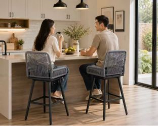 Bar Stools Set of 2, Rattan Counter Height Bar Stools, 26" H Swivel Patio Barstools with Boho Woven Rope Back for Kitchen Patio Garden Cushions Includ
