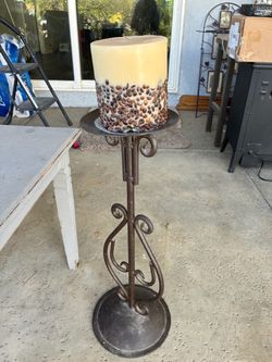 Tall Wrought Iron Pillar Candle Holder with Coffee Bean Candle