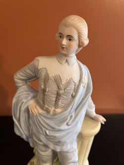 Vintage Bisque Porcelain Figurine Young Man In Blue 18th C. Attire Taiwan 12”