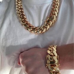 Set Chain & Bracelet 20mm Miami Cuban Link Yellow Gold Plated Chain Necklace 18k & 14k Crab Old School Regular Lock