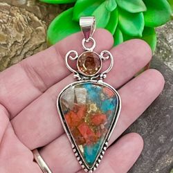 Oyster Turquoise Honey Citrine Gemstone 2.5” Silver Pendant 