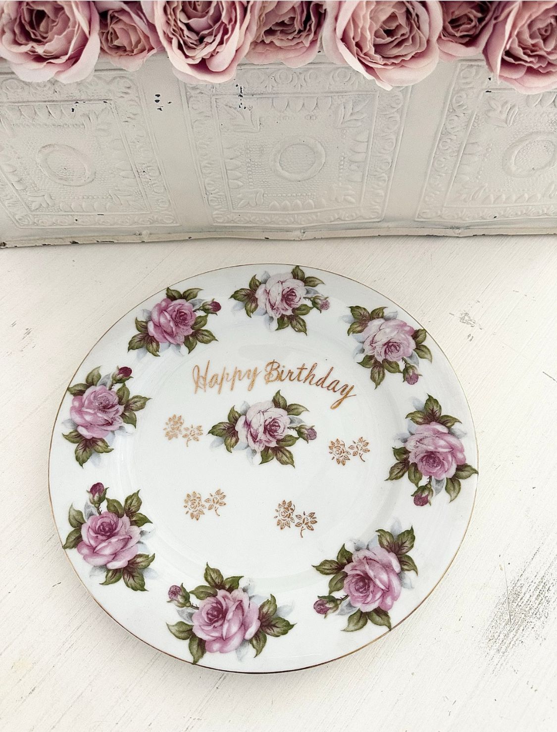 Beautiful Vintage Floral Happy Birthday China Porcelain Plate