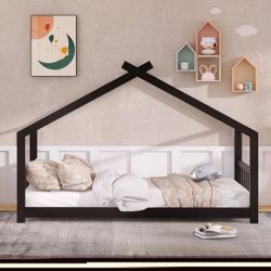 NEW Espresso Twin Size Wood House Beds Frame - Floor Bed Twin Platform Bed for Kids Teens Bedroom