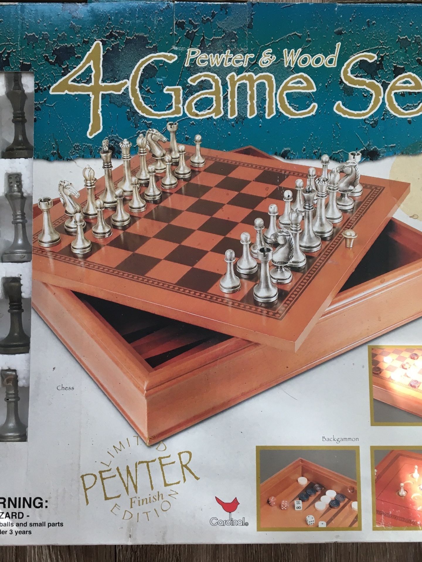 Pewter & Wood 4 Game Set (Chess, Checkers, Backgammon, Tic Tac Toe)
