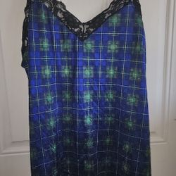 Womens lacey Blue nylon plaid night gown. Bust 42" so probably 1x 18-20. A bit of lace on the back of an arm, needs sewn.