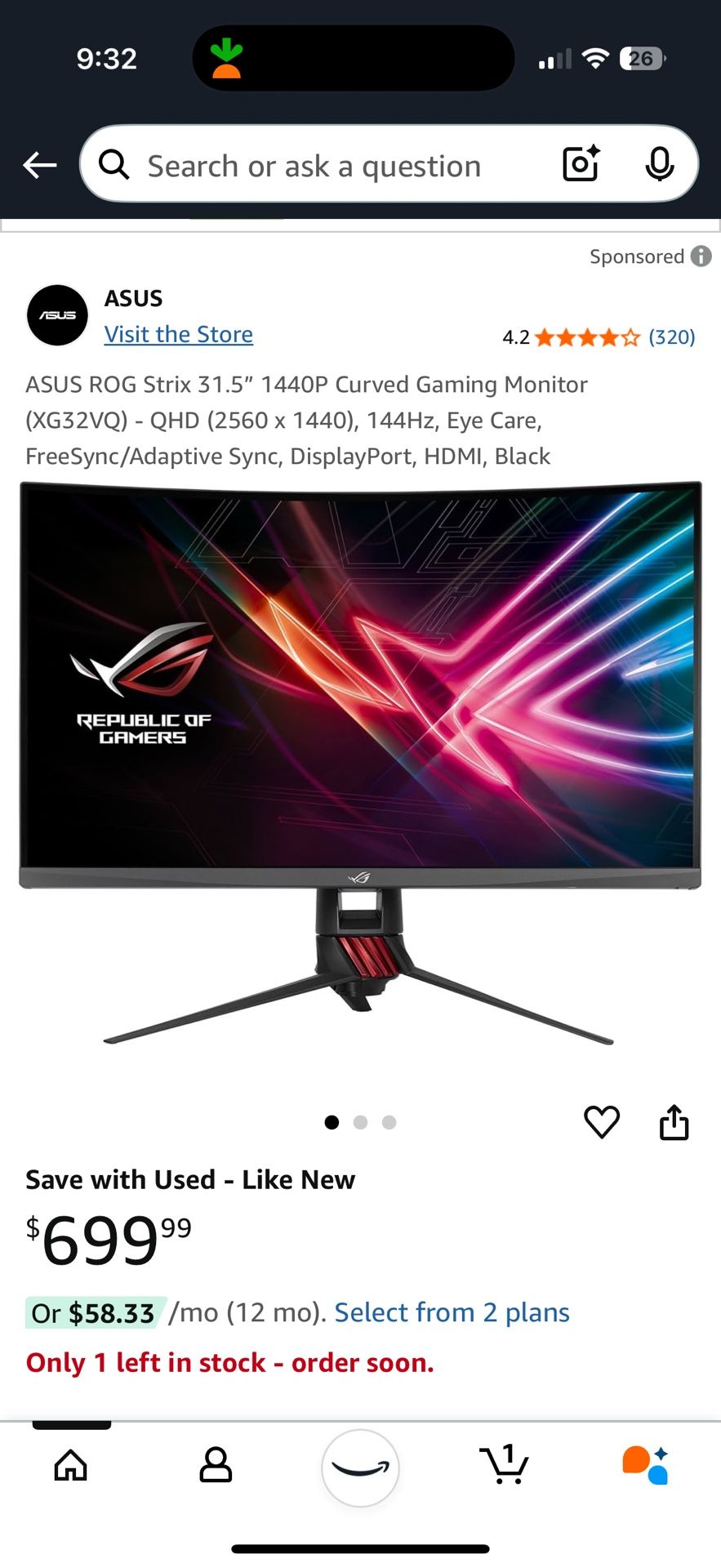 ASUS ROG Strix 31.5” 1440P Curved Gaming Monitor (XG32VQ) - QHD (2560 x 1440), 144Hz, Eye Care, FreeSync/Adaptive Sync, DisplayPort, HDMI, Black