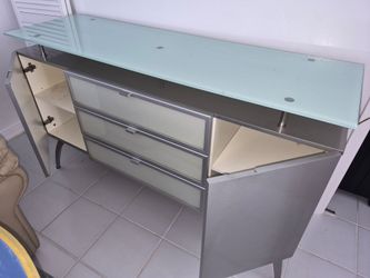 Modern Silver Credenza/TV Stand with Glass Top