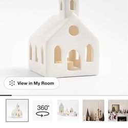 NIB Crate&Barrel White Ceramic Church Candle Holder