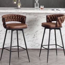 Modern Bar Stools Set of 2, 30" Bar Height Barstools, 180° Swivel Suede Fabric Stool Chairs with Woven Back and Footrest for Kitchen Island, Cafe, Pub