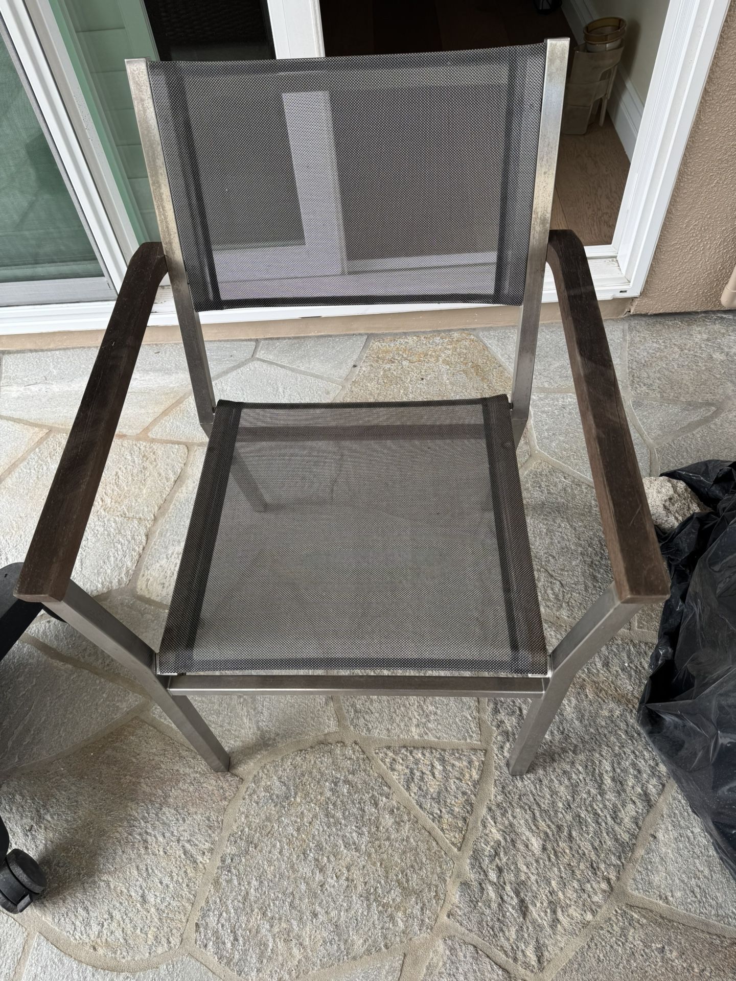 BarlowTyrie FOG GREY  Equinox Metal Sling Dining Chairs  LOT FOUR CHAIRS + TEAK SIDE DINING TABLE BENCH