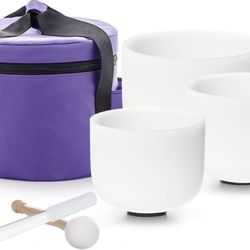 Frosted Quartz Crystal Singing Bowl Set For Sound Inducing Comfort With Carry Case, Mallets, O-ring Included
