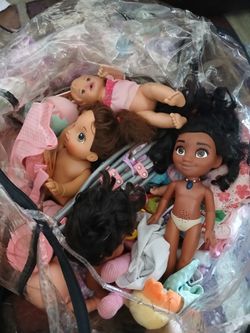 Dolls, doll stroller, clothes & bottles etc