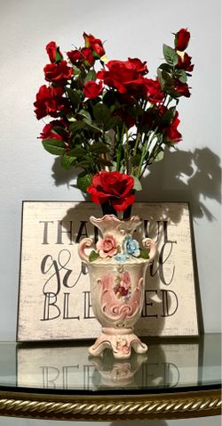 13” Vintage Lustre Vase w/ Artificial Red Roses
