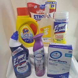 Tide Simply W/Oxy 24 Loads, 100 Dryer Sheets, Lysol Wipes, Toilet Cleaner,  Disinfectant, Febreze + 6=24 Rolls TP 