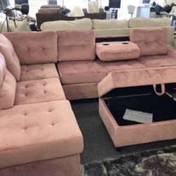 Pink Fabric Reversible Sectional with Cup Holder and Storage Ottoman. Brand New.