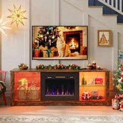 Bestier 63-in W Brown Freestanding Electric Fireplace TV Stand Media Console Fits TV Up to 70 inch with Cabinet  Efficiently heat rooms up