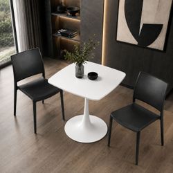 Black White Minimalist Modern Dining Set:  31.5" White Square w/ Rounded Edge Tulip Base Dining Table + 2 Blk PPP Dining Chairs [NEW]  