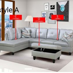 Silver Semi PU Synthetic Leather 3 PCs Sofa Set With Ottoman 