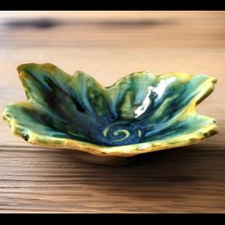 Handmade Studio Pottery Bowl Signed JPW Blue Green Reactive Glaze Organic Leaf Dish Trinket Catchall