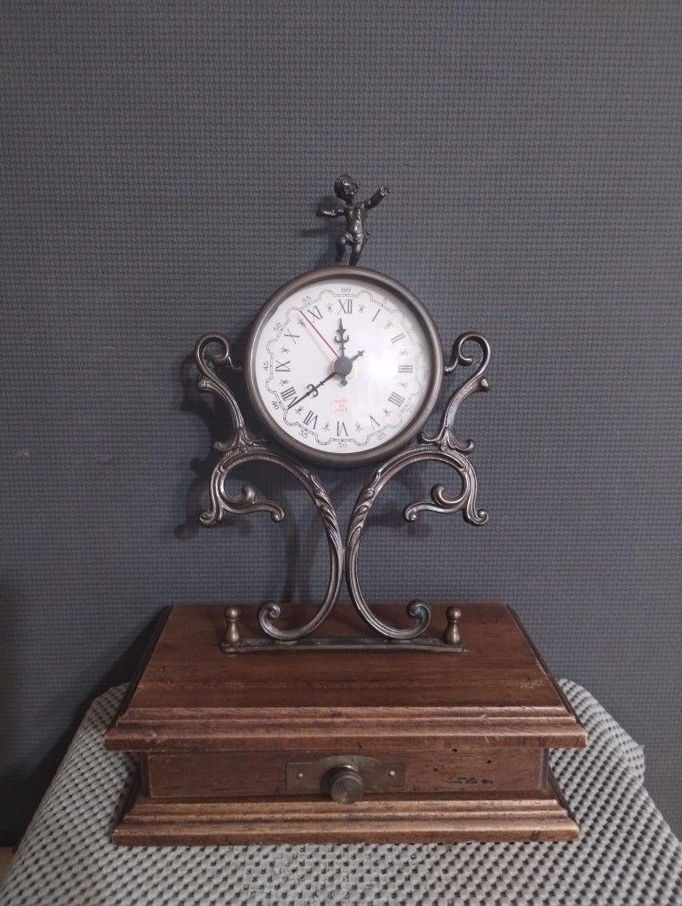 Vintage Metal Cherub Mantel Clock Wood Base with Drawer Made in Italy