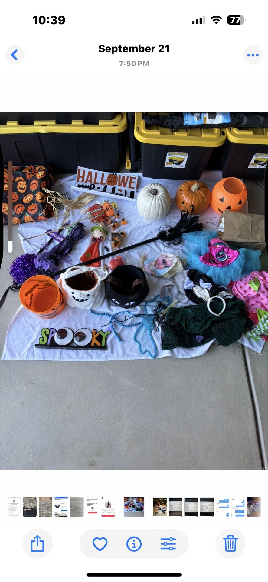 Halloween costumes, candy buckets, some decorations