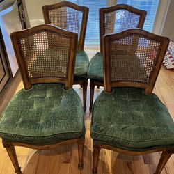 Vintage Wooden Dining Chairs With Green Cushions 