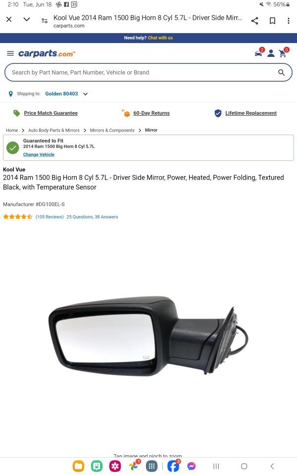 Left Side Mirror 2014 Will Fit Some Newer and older Dodge Ram Pu Trucks