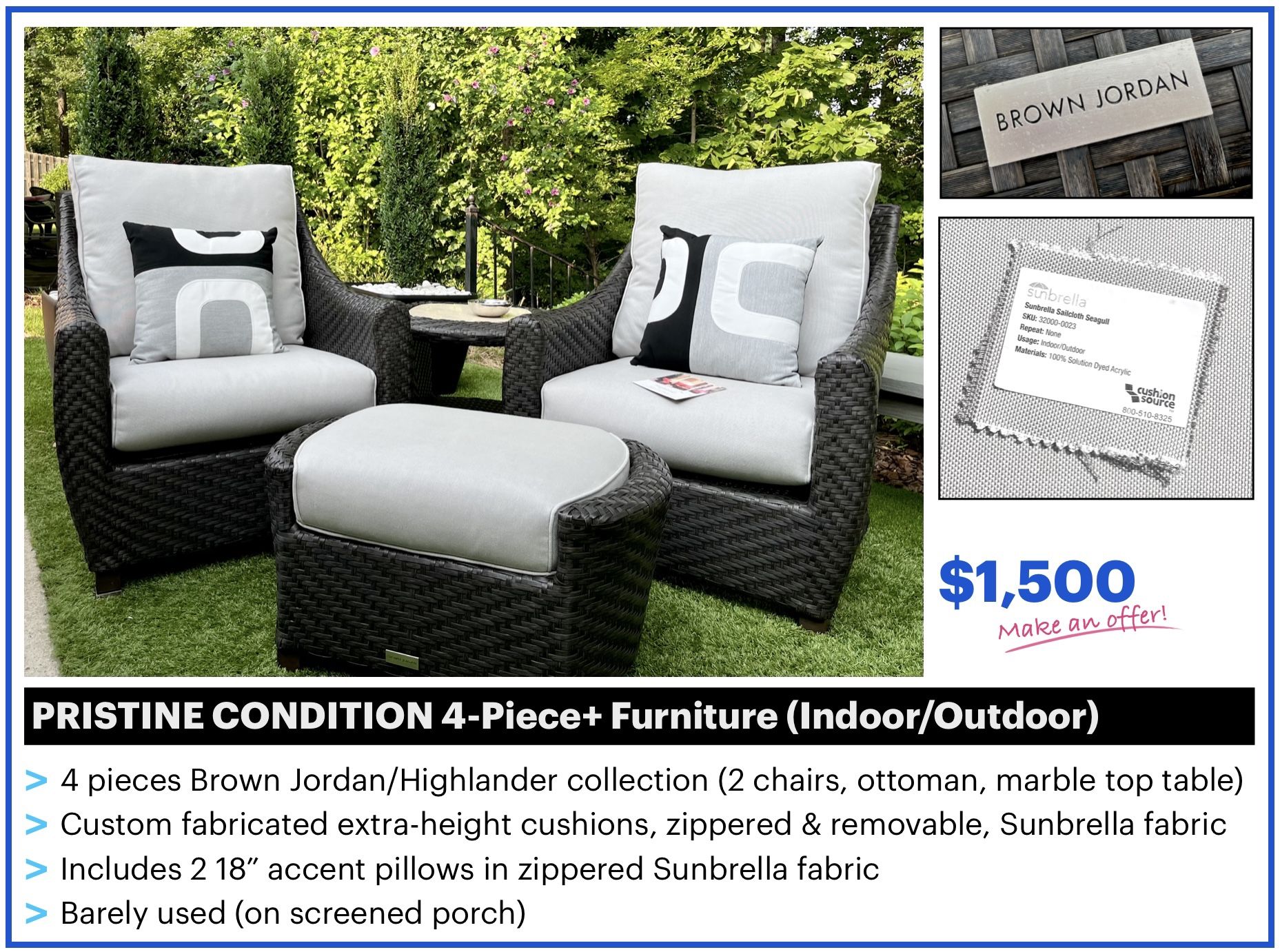 IMMACULATE CONDITION Brown Jordan/Sunbrella Indoor-Outdoor Furniture 4 pieces+