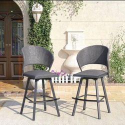 Patio Swivel Bar Stools Set of 2, Outdoor Wicker Bar Chairs with Backrest and Metal Frame for Bistro
