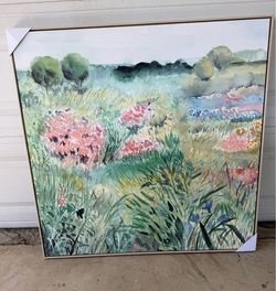 Large Framed Watercolor Floral Landscape Canvas