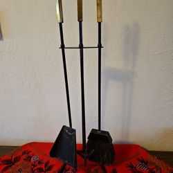 1960's Modernist Brass & Iron Fireplace Tools