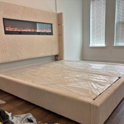 BRAND NEW FIREPLACE BED WITH LED LIGHTS , USB PORTS AND BLUETOOTH SPEAKERS!!