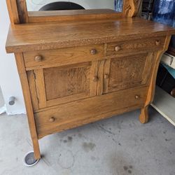 Vintage Wood Buffet Sideboard w/ Mirror
