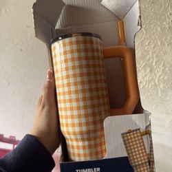 Orange Plaid Tumbler With Straw 