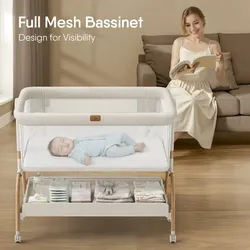 Baby Bassinet Bedside Crib, 3-in-1 Baby Bassinet Bedside Sleeper with Mattress and Soft, Breathable Sheet, Full-Mesh Sides, 6-Height Adjustable, Stabl