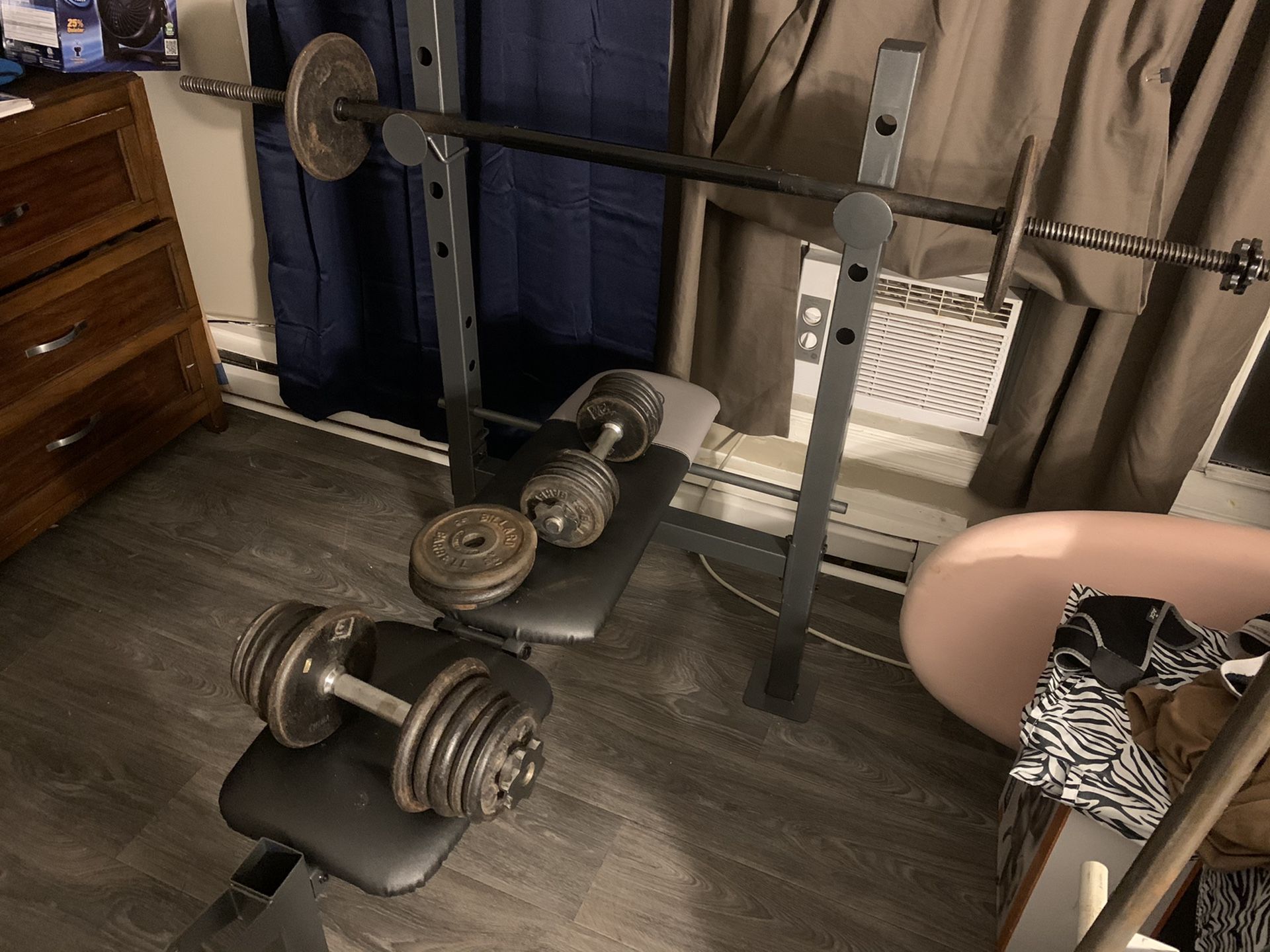 Weight bench, barbells and weights