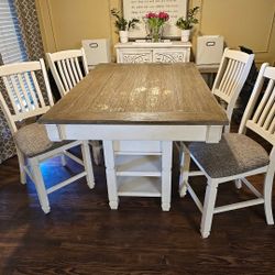 Bar Top Table W/ Shelves And Wine Storage 4 Chairs