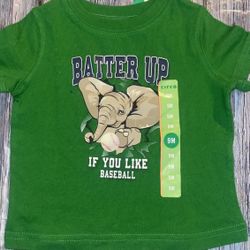 New Baby Boy Size 9 months Green “Batter Up” Elephant Baseball Tee Shirt