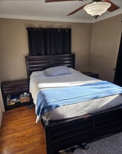 Dark Brown Queen Bed Frame with Nightstands
