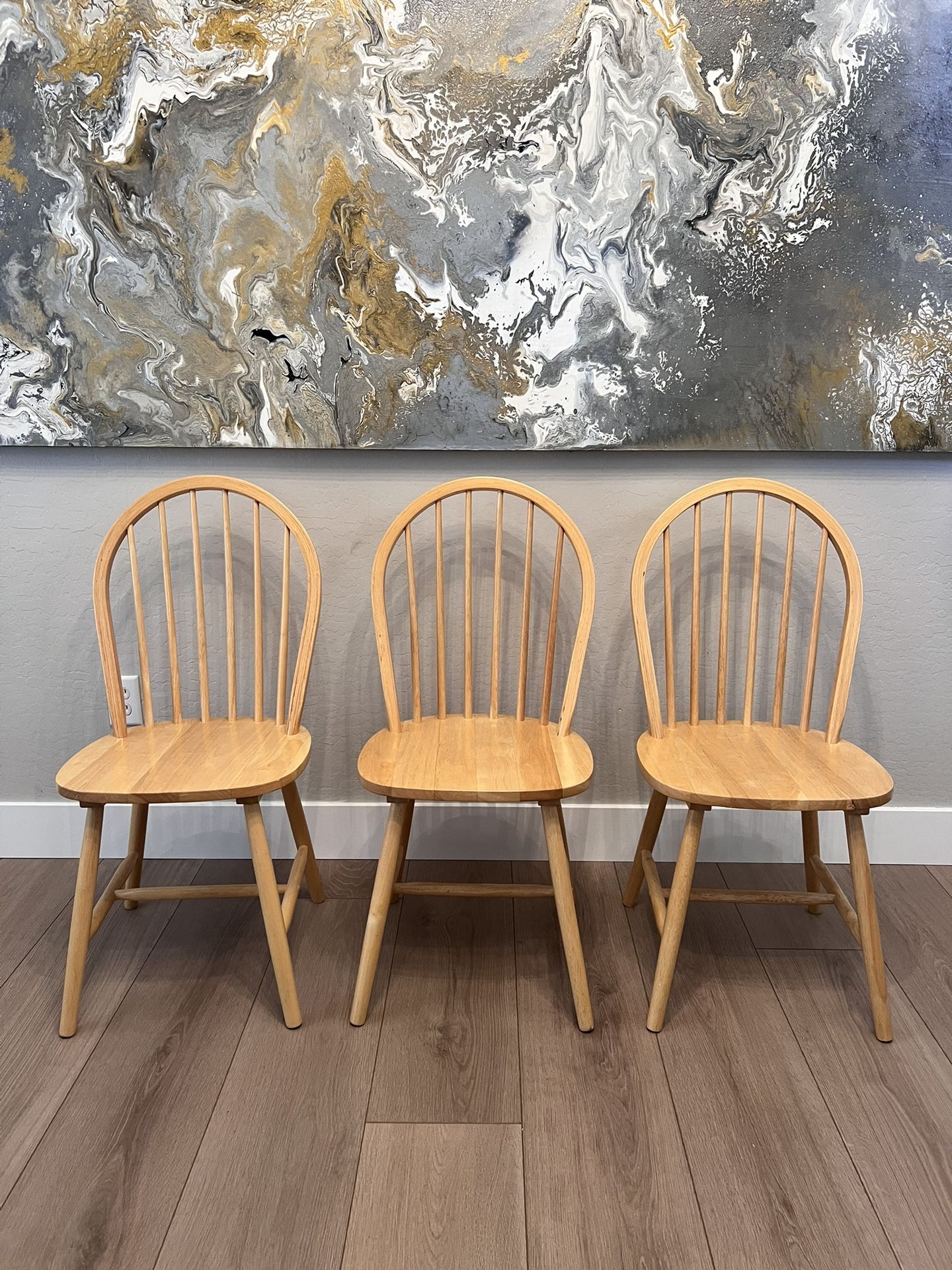 THREE Oak Maple Wood Spindle Dining Table Chairs Kitchen Table Chairs