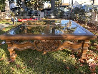 Vintage Hand Carved Glass top Coffee Table