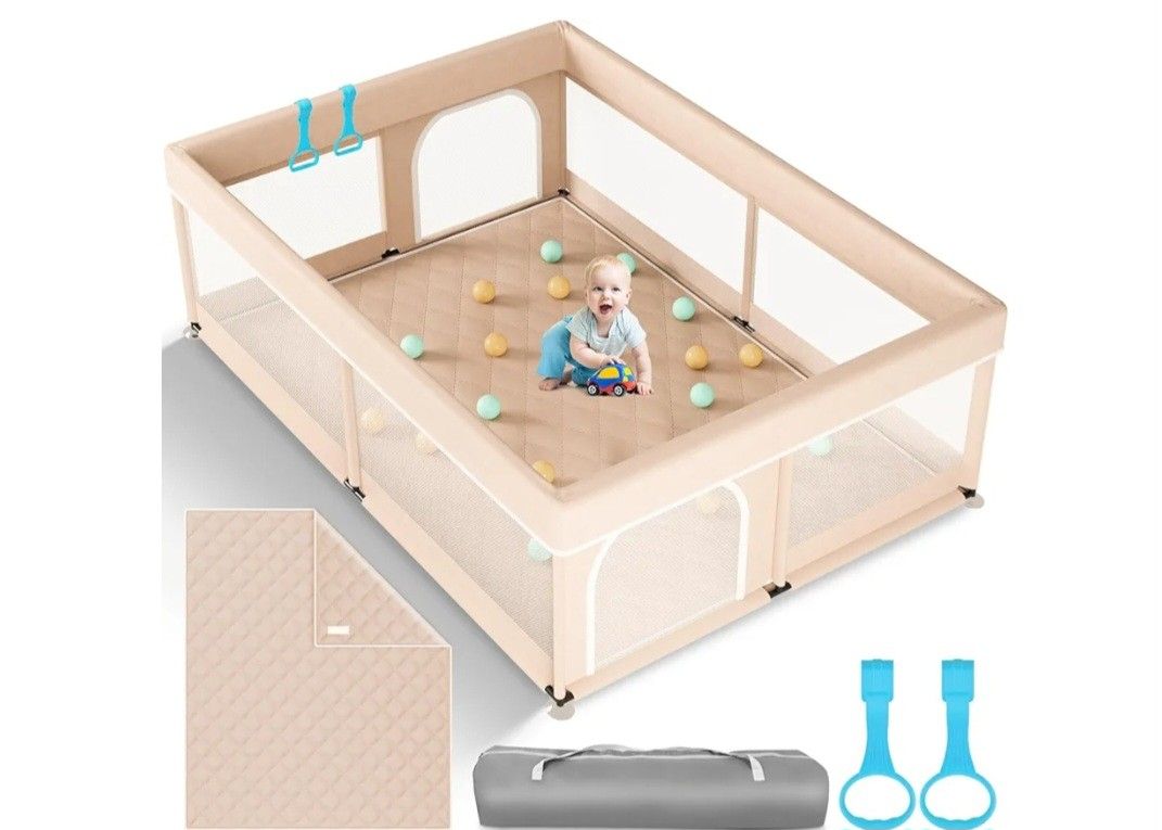 Omzer Baby Playpen with Mat 71"×59" - Extra Large Playpen for Babies and Toddlers with Mat Included, Safety Playard for Baby with Gate, All-Wrapped So