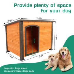 45Dog House Outdoor and indoor wooden kennel, winter strap with elevated feet, large dog weatherproof (gold red and black)
