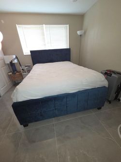 Beautiful Navy Velvet Queen Bed Frame + Mattress & Protector