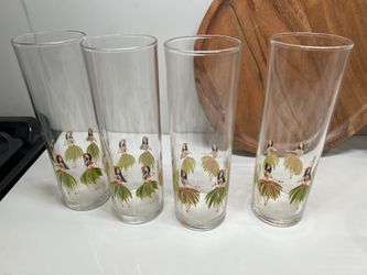 Set Of 4 Vintage Hawaiian Girl Drink Glasses