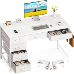 DK16 $55  Computer Desk with 6 Drawers, 40 Inch Small Desk with Storage, Reversible Desk with Headphone Hook for Home Office, Work Study Table for Bed
