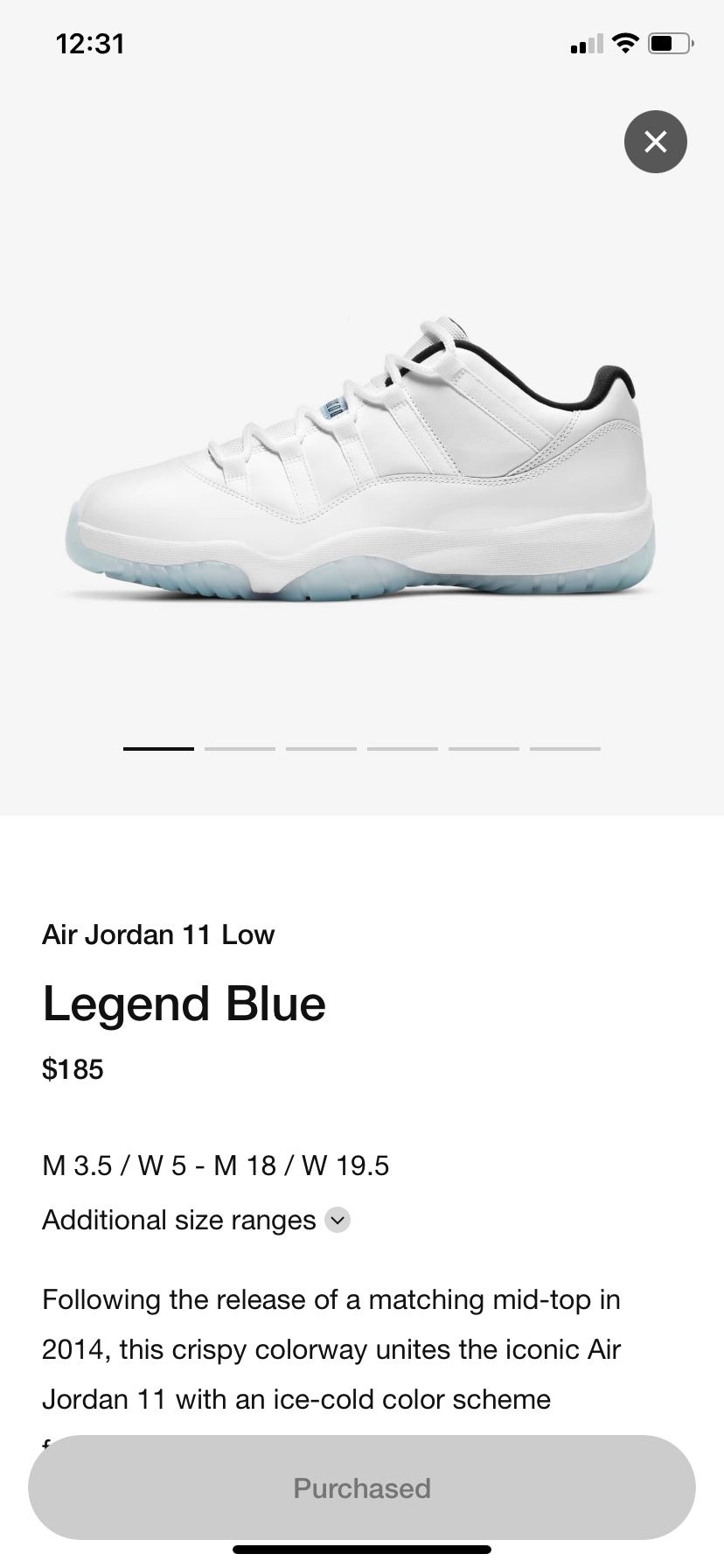 Jordan 11 Low Legend Blue Size 11