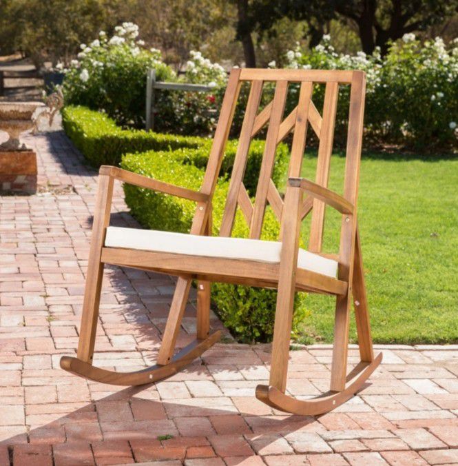 Outdoor Wooden Rocking Chair with White Cushion