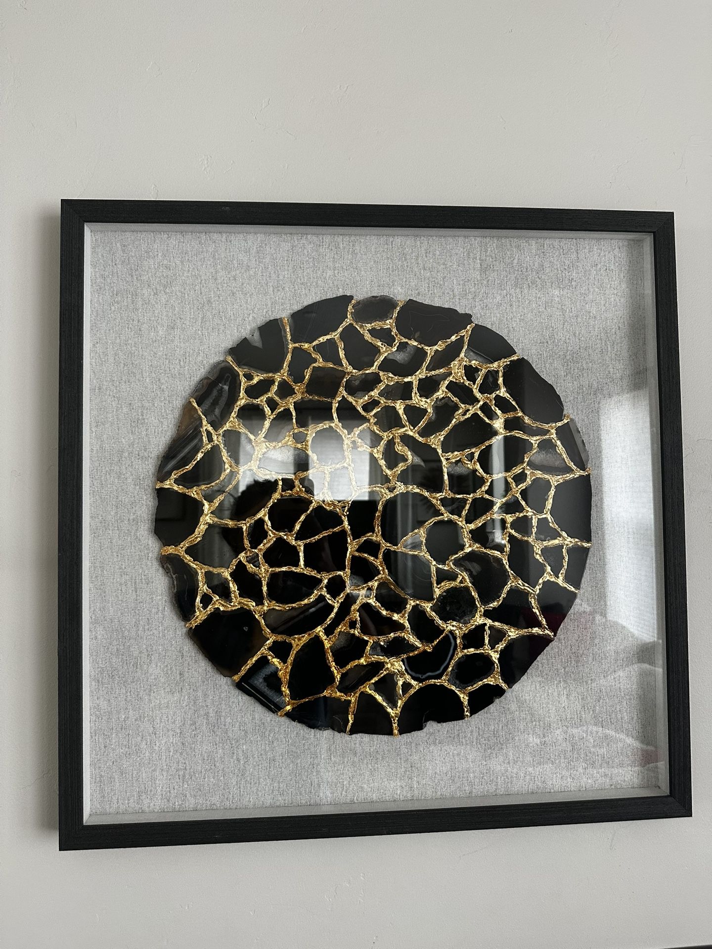 Framed Abstract Gold Crackle Circle Wall Art